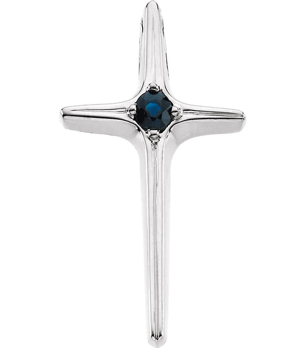Solitaire Blue Sapphire Cross Rhodium-Plated 14k White Gold Pendant (25.00X14.00 MM)