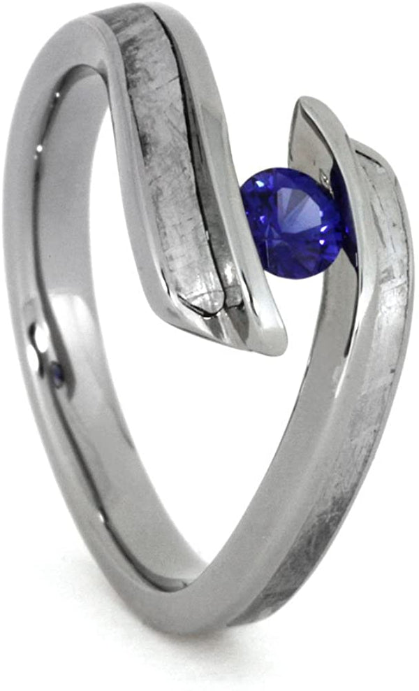 Blue Sapphire, Gibeon Meteorite Engagement Ring, Men's Gibeon Meteorite, Dinosaur Bone, His and Hers Titanium Wedding Band Set , M14.5-F8.5