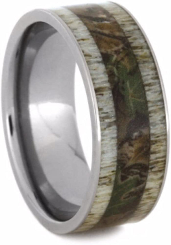 Camouflage Print and Deer Antler 9mm Comfort-Fit Titanium Wedding Band, Size 6.5