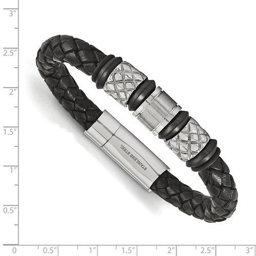 Men's Brushed and Polished Stainless Steel Braided Leather Bracelet, 8.25"