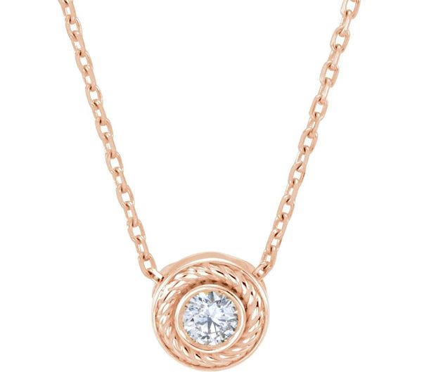 Diamond Solitaire Rope Trim 14k Rose Gold Pendant Necklace, 16 " (0.1 Cttw)
