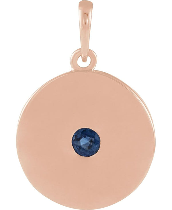 Round Blue Sapphire Disc Pendant, 14k Rose Gold
