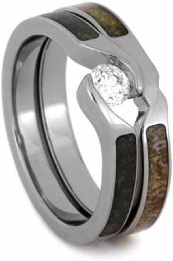 Tension-Set Diamond, Obsidian Engagement Ring, Antler Titanium Wedding Band, Bridal Set Size 8.25