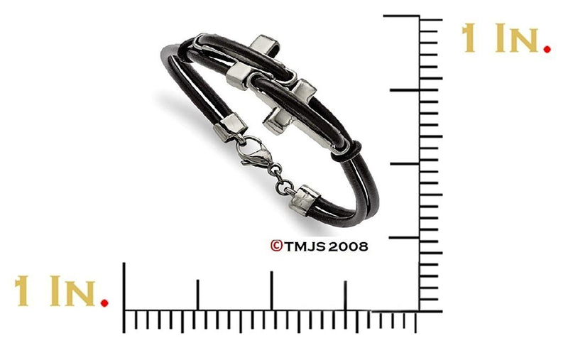 Men's Polished Stainless Steel 17mm Black Leather Bracelet, 8.25"