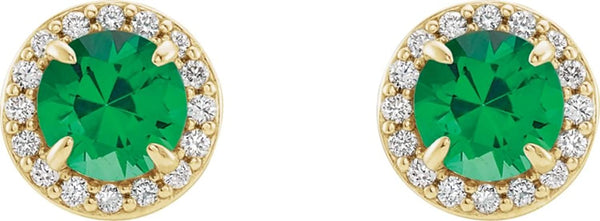 Emerald and Diamond Halo-Style Earrings, 14k Yellow Gold (4.5 MM) (.16 Ctw, G-H Color, I1 Clarity)