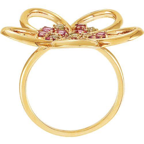14k Yellow Gold, Pink Tourmaline and Arizona Peridot Flower Ring, Size 7