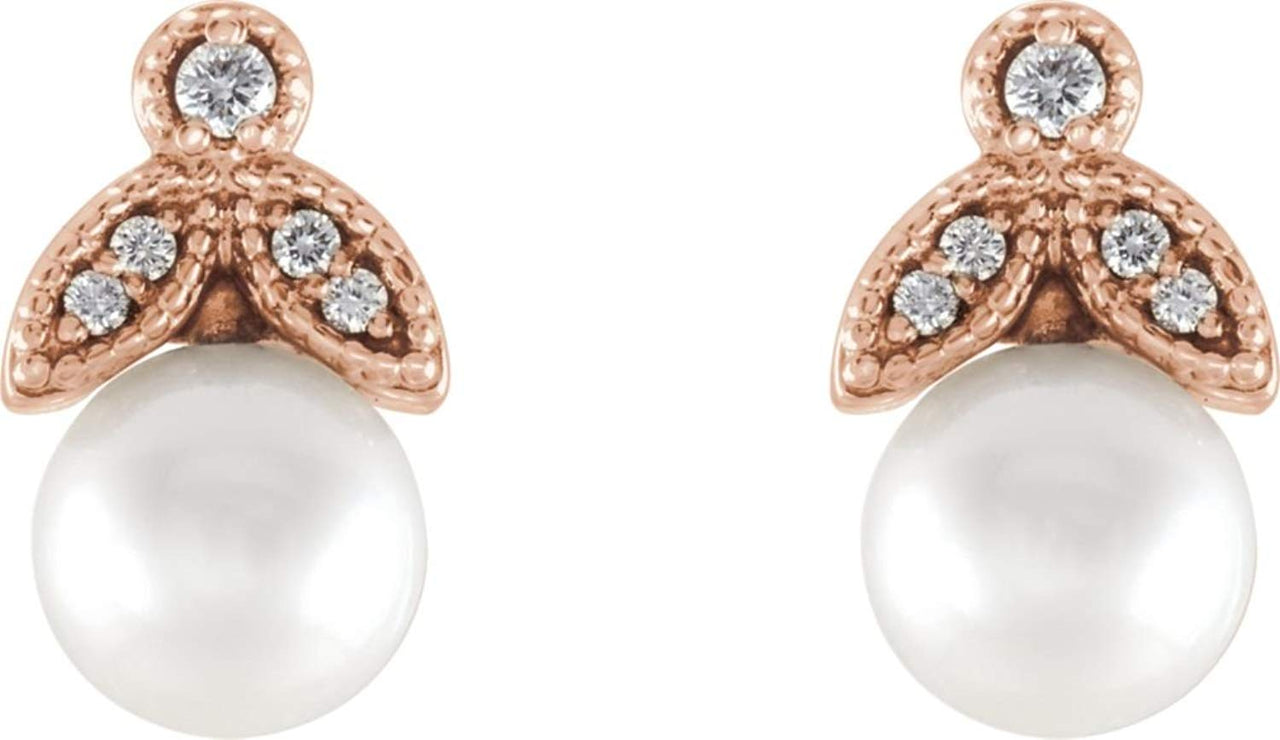 White Freshwater Cultured Pearl and Diamond Earrings, 14k Rose Gold (6-6.5MM) (.07 Ctw, GH Color, I1 Clarity)