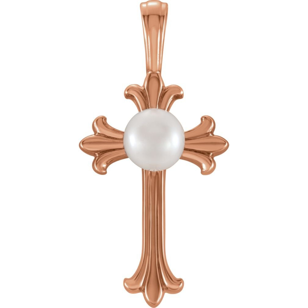 Freshwater Cultured Pearl Cross Pendant, 14k Rose Gold (4-4.5 MM)