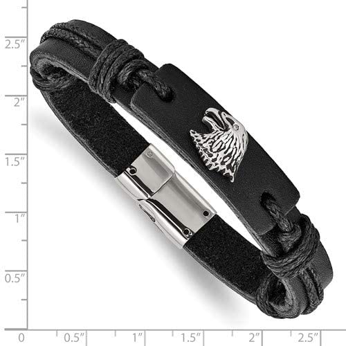 Men's Eagle Head Black Leather Antiqued Stainless Steel ID Bracelet, 8.5 Inches