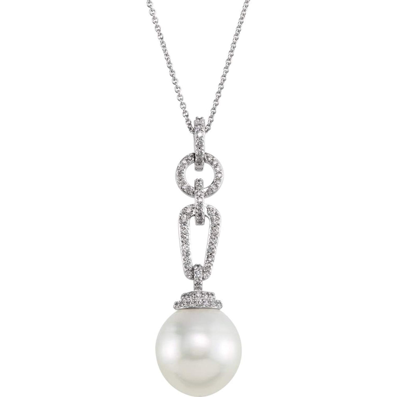 Diamond and South Sea Cultured White Pearl Pendant Necklace in 14k White Gold, 18" (.33 Cttw)
