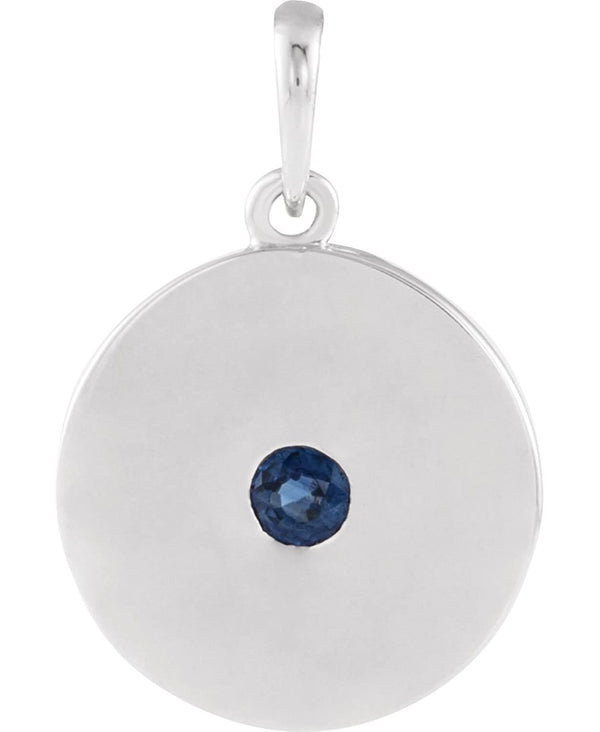 Round Blue Sapphire Disc Pendant, Sterling Silver