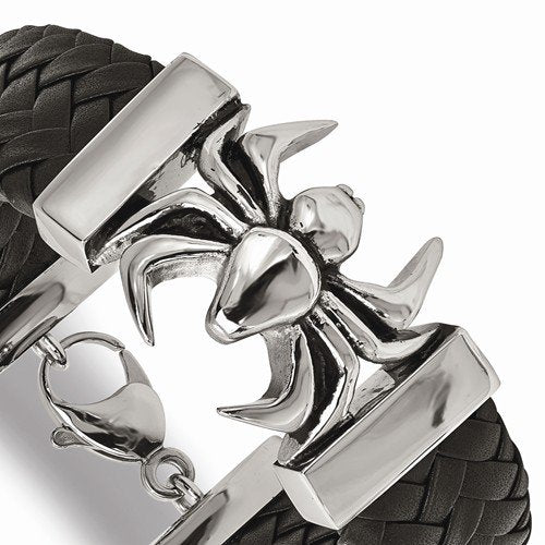 Men's Polished and Antiqued Stainless Steel Black Leather Spider Bracelet, 8.5"