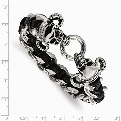 Men's Polished Stainless Steel Black Leather Antiqued Skull Bracelet, 8.5"