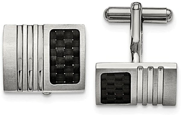 Stainless Steel, Brushed Black Carbon Fiber Inlay Rectangle Cuff Links, 78MMX32MM
