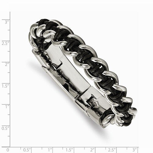 Men's Polished Stainless Steel Black Leather Bracelet, 8.5"