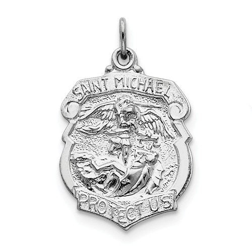 Rhodium-Plated Sterling Silver Saint Michael Badge Medal Charm Pendant (33X22 MM)