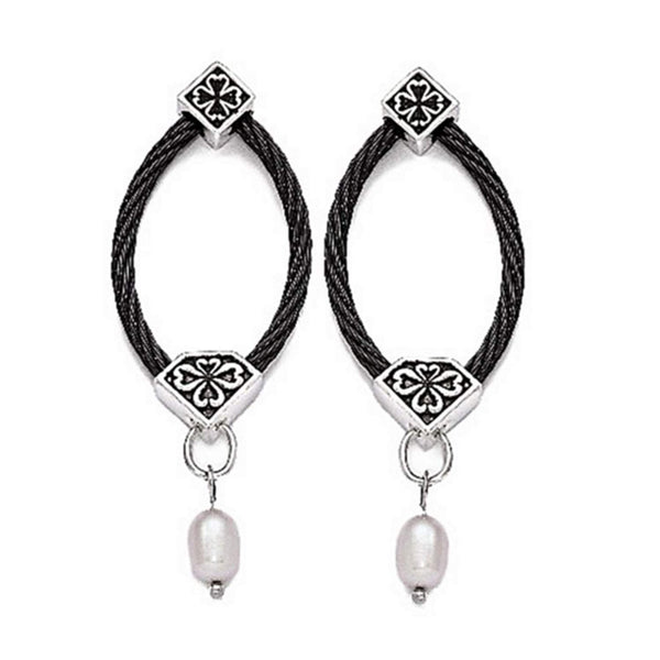 Tango Collection Black Titanium Cable, Argentium Sterling Silver, White Freshwater Cultured Pearl Earrings (2.5-3MM)