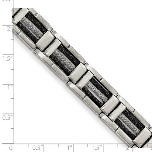 Men's Polished Stainless Steel Black IP Plated Cable Link Bracelet, 8.5"