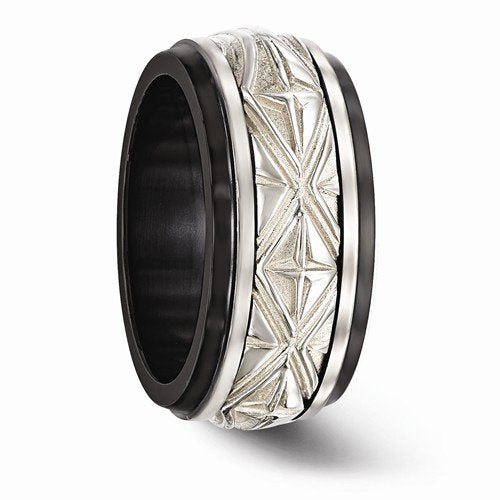 Edward Mirell Black Titanium and Sterling Silver Inlay Fancy Design 11mm Wedding Band
