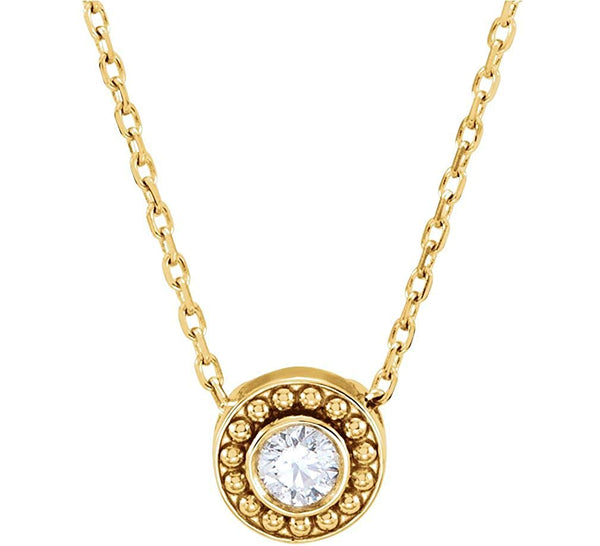 Diamond Solitaire Granulated Bead Design Slide 14k Yellow Gold Pendant Necklace, 16" (.10 Cttw)