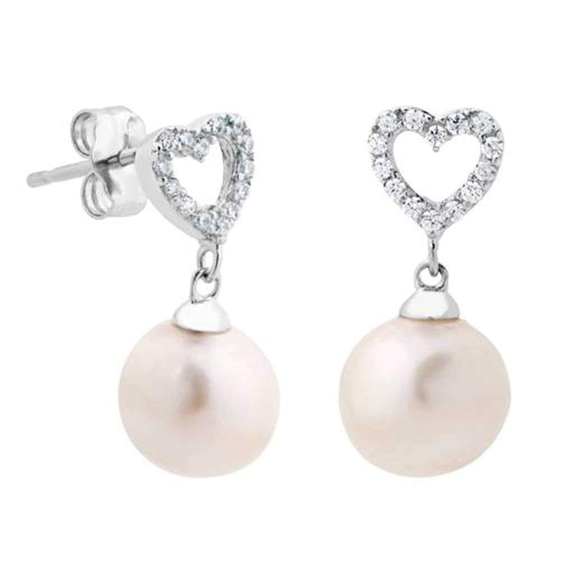 Lush Pearl with Heart CZ Earrings, Rhodium Plated Sterling Silver
