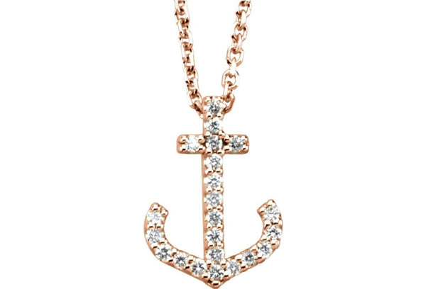 Petite Diamond Anchor Necklace in 14k Rose Gold, 16" (1/8 Cttw)