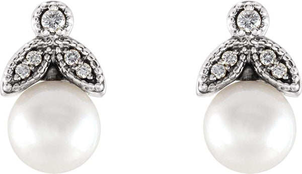 White Freshwater Cultured Pearl and Diamond Earrings, Rhodium-Plated 14k White Gold (6-6.5MM) (.07 Ctw, GH Color, I1 Clarity)