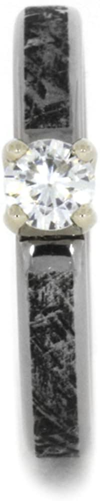 Forever One Moissanite In 14k White Gold Prongs, Mimetic Meteorite 4mm Comfort-Fit Titanium Band, Size 6.75