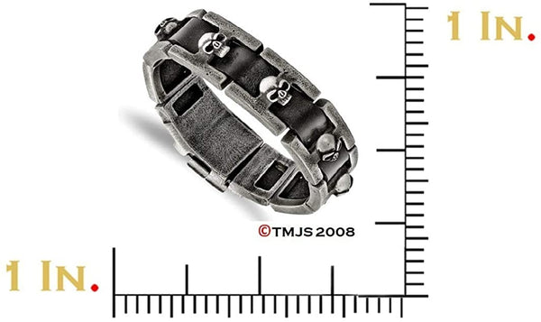 Men's Skull Black Leather 19mm Brushed Stainless Steel Buckle-Clasp Bracelet, 9 Inches