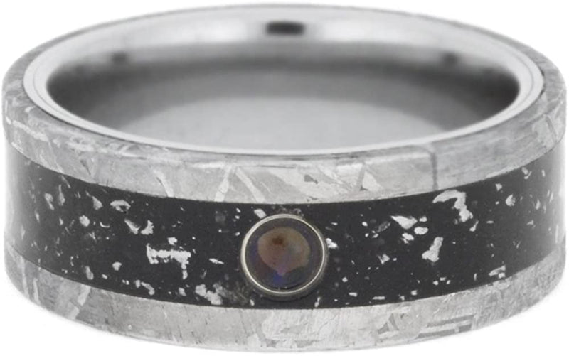 Cabochon Opal, Black Stardust Inlay, Gibeon Meteorite 8.5mm Comfort-Fit Titanium Wedding Band, Size 16