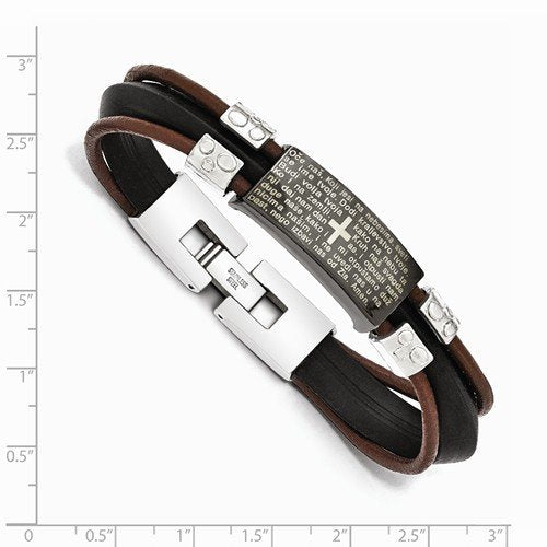 Men's Polished Stainless Steel Black IP, Rubber and Leather Croatian Prayer Bracelet, 8"
