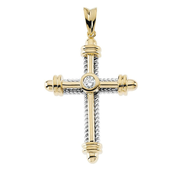 Diamond Rope-Trim Cross Rhodium-Plated 14k Yellow and White Gold Pendant (.33 Ct, G-H Color,SI1 Clarity)