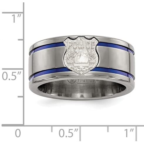 Edward Mirell Titanium Blue Anodized with SS Police Shield Tag 10mm Flat Band, Size 8.5