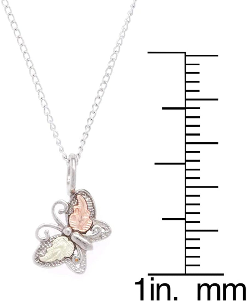 Rhodium-Plate Sterling Silver Butterfly Pendant Necklace, 12k Rose and Green Black Hills Gold