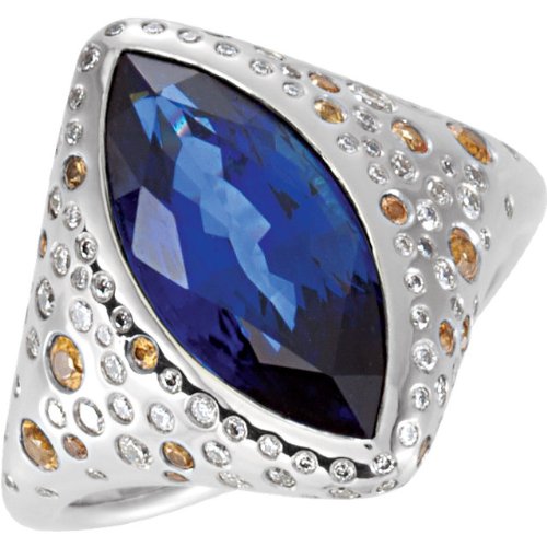 4.165 Cttw Platinum, London Blue Topaz Faceted Marquise, Diamond and Yellow Sapphire Ring, Size 7
