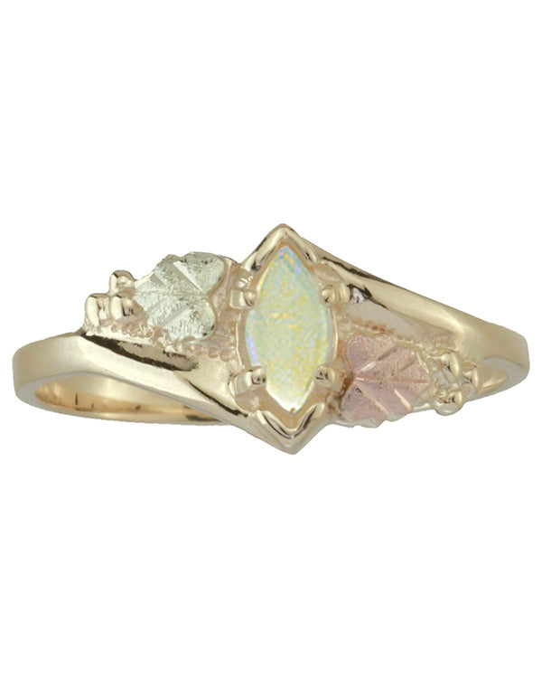 Opal Cabochon Marquise Bypass Ring, 10k Yellow Gold, 12k Green and Rose Gold Black Hills Gold Motif