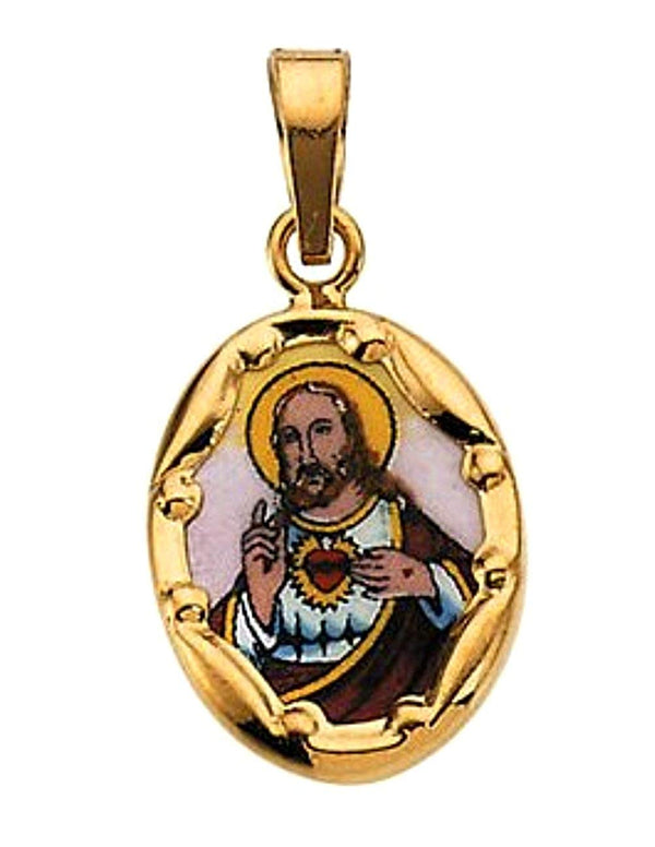 14k Yellow Gold Sacred Heart of Jesus Hand-Painted Porcelain Medal (13x10 MM)