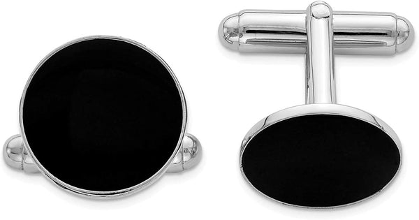 Italian Rhodium-Plated Sterling Silver and Black Round Cuff Links, 16 Millimeters