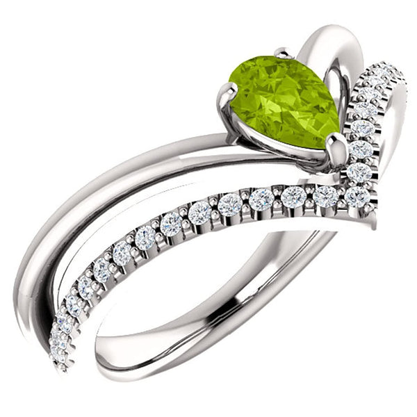 Peridot Pear and Diamond Chevron Platinum Ring ( .145 Ctw, G-H Color, SI2-SI3 Clarity)