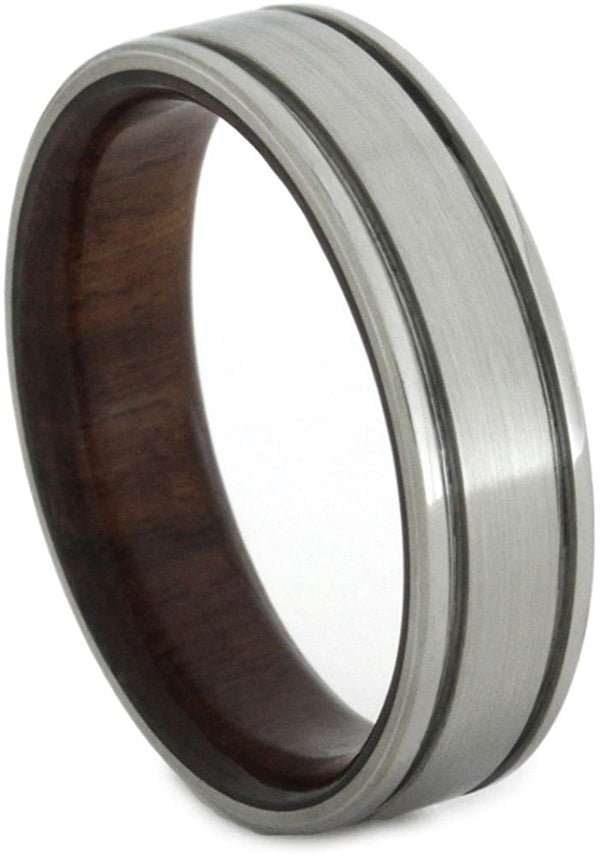 Bolivian Rosewood Ring with Brushed Titanium Overlay 6mm Comfort-Fit Wedding Band, Size 15