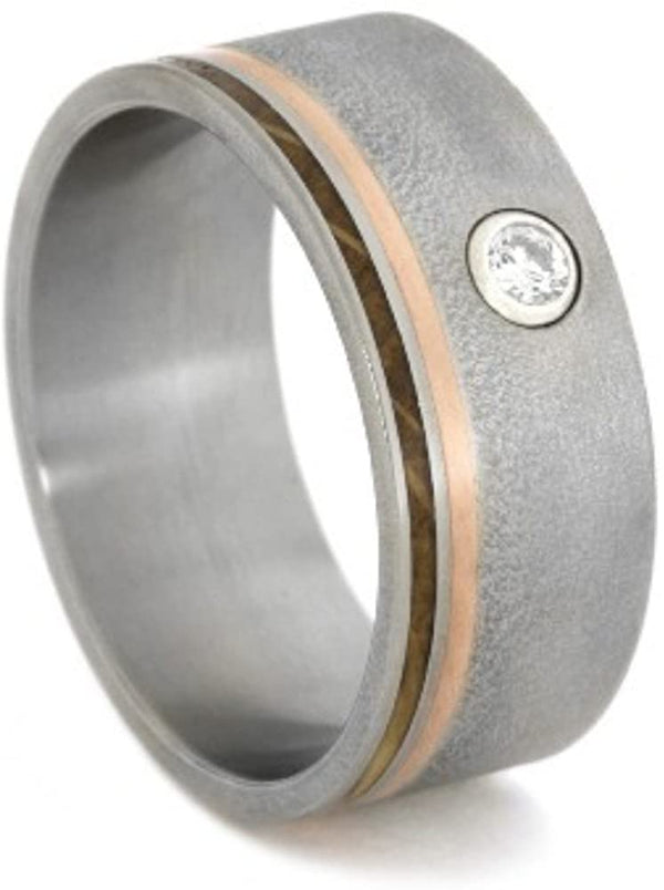 Flush Set Diamond, Whiskey Barrel Wood and Copper 10mm Comfort-Fit Frosted Titanium Wedding Band, Size 4