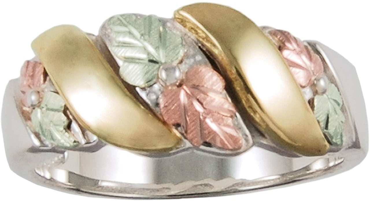 Past, Present Future 8mm Grape Leaf Band, Sterling Silver, 10K Yellow Gold, 12k Green and Rose Gold Black Hills Gold Motif