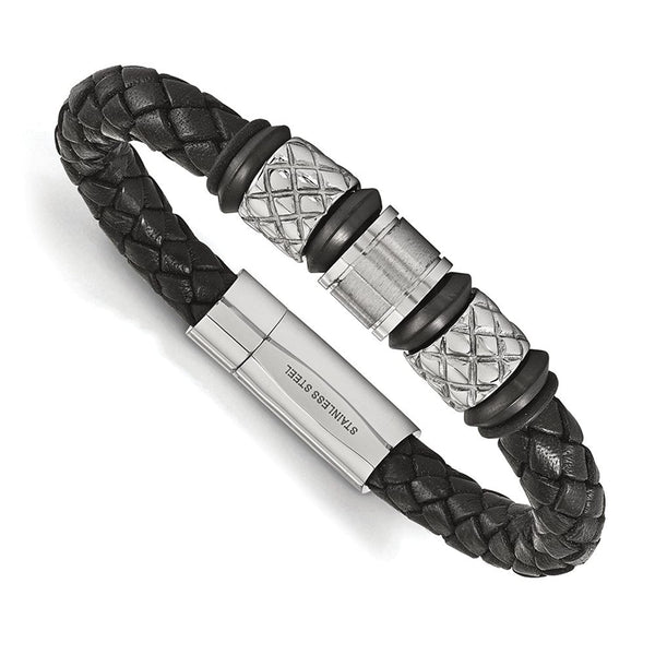 Men's Brushed and Polished Stainless Steel Braided Leather Bracelet, 8.25"