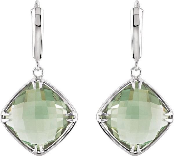 Two-Sided 21 Ctw Checkerboard Antique Cushion Green Quartz Sterling Silver Earrings