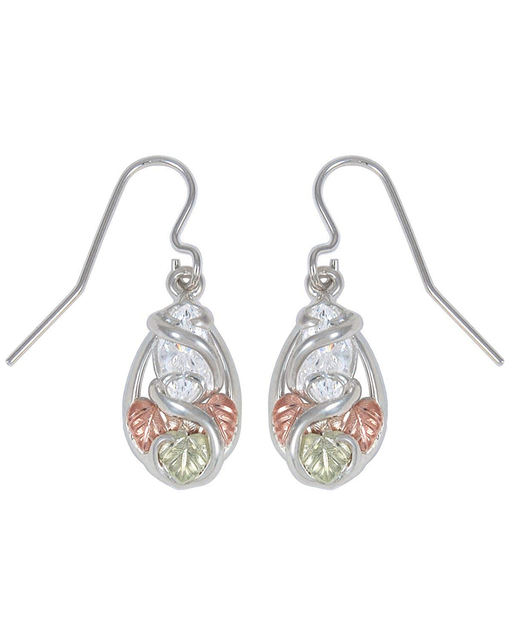 CZ Marquise Petite Leaf Earrings, Sterling Silver, 12k Green and Rose Gold Black Hills Gold Motif