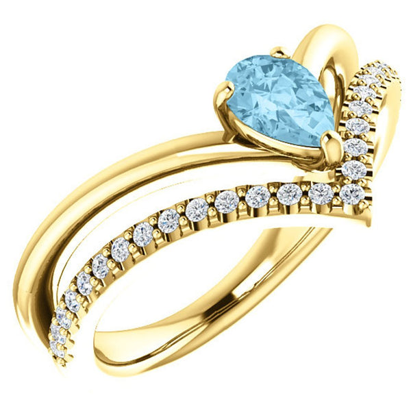 Aquamarine Pear and Diamond Chevron 14k Yellow Gold Ring (.145 Ctw, G-H Color, I1 Clarity)