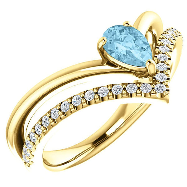Aquamarine Pear and Diamond Chevron 14k Yellow Gold Ring (.145 Ctw, G-H Color, I1 Clarity)