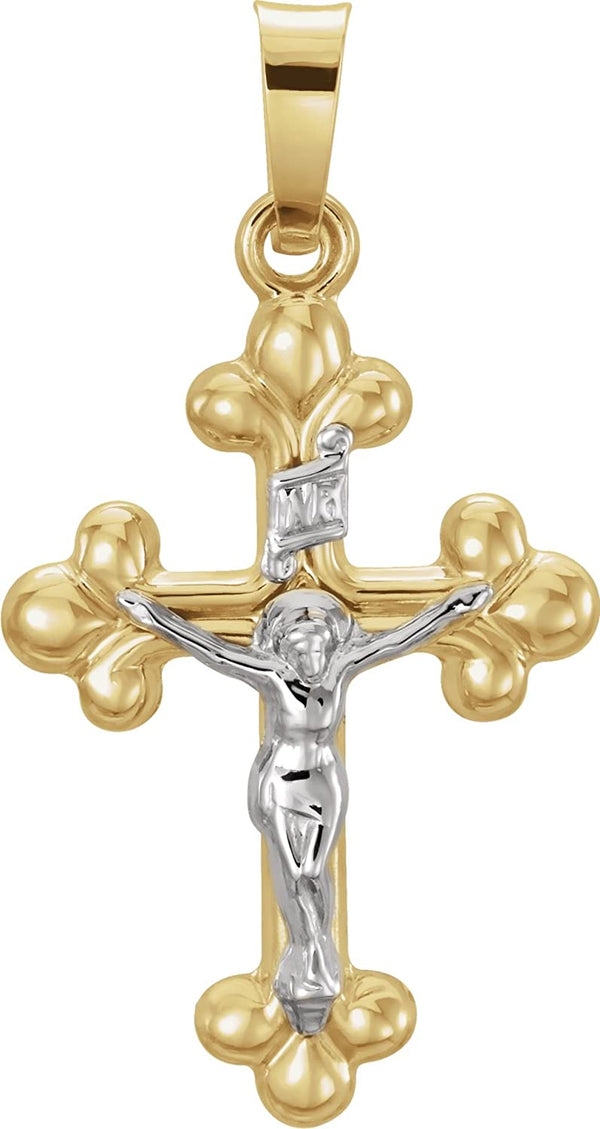 Small Two-Tone Budded Crucifix INRI Pendant, 14k Yellow and White Gold (19X14MM)