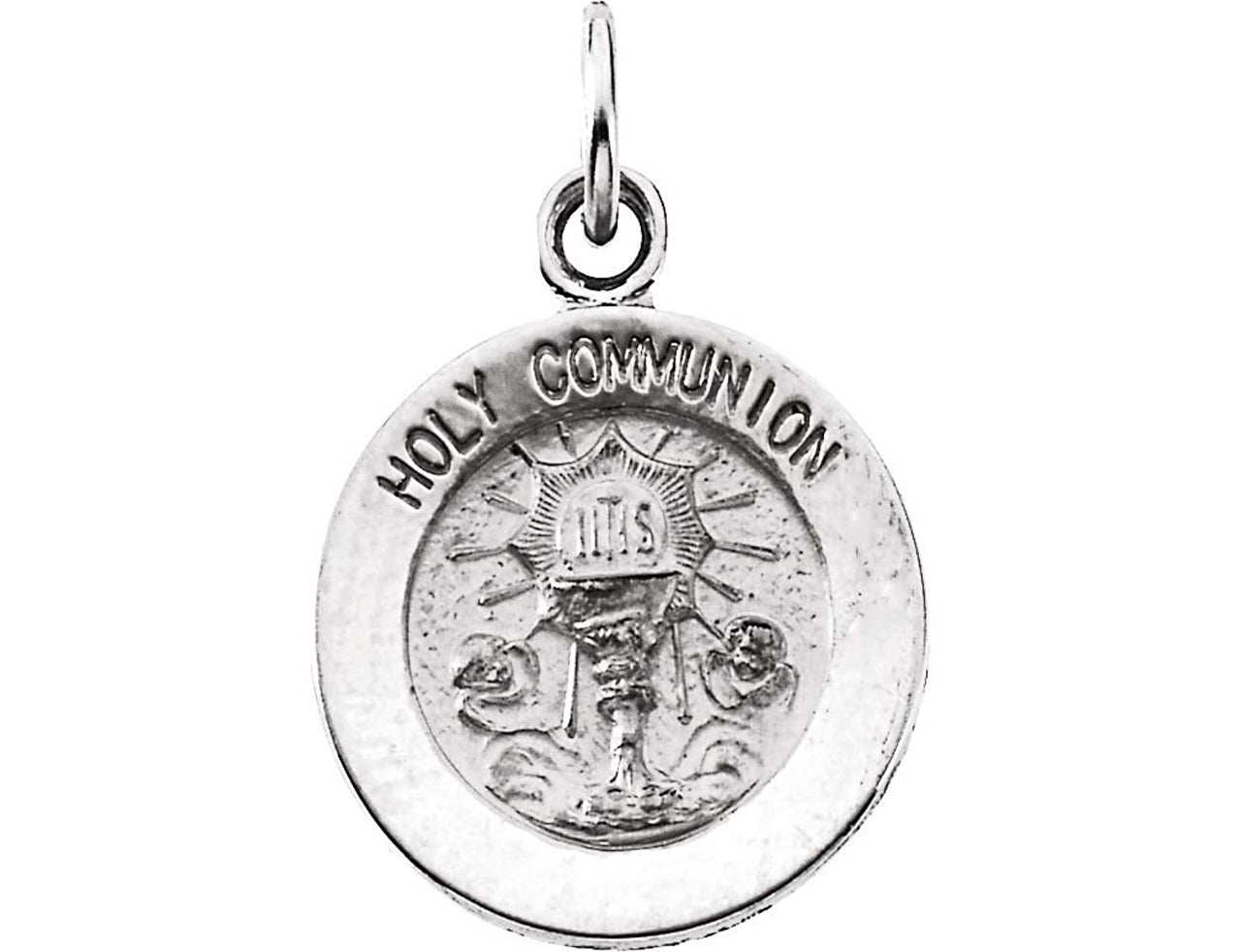 Sterling Silver Round Holy Communion Medal with Chain Necklace, 18" (18x18 MM)