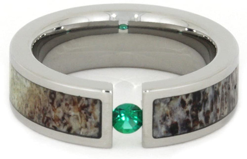 Tension Set Emerald and Deer Antler 6mm Comfort-Fit Titanium Wedding Band, Size 11.75